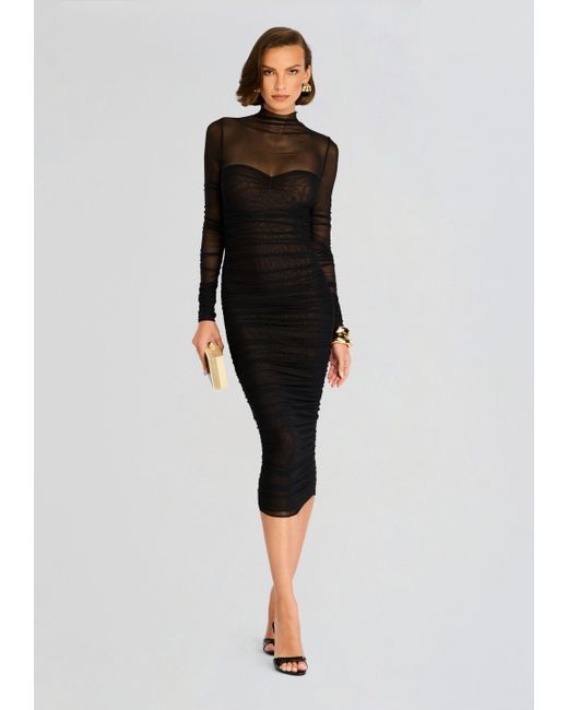 SER.O.YA Black Trina Mesh Ruched Midi Dress