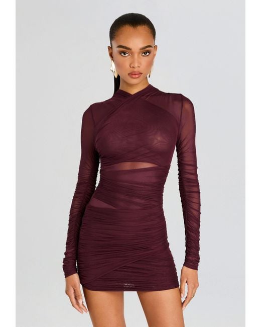 SER.O.YA Red Ruched Mesh Mini Dress