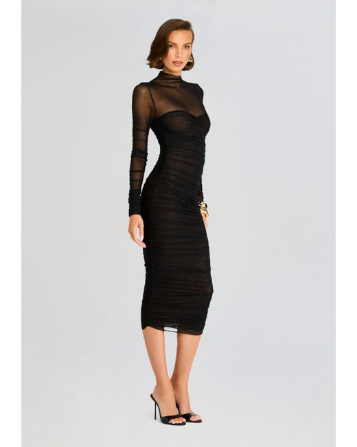 SER.O.YA Black Trina Mesh Ruched Midi Dress