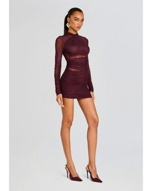 SER.O.YA Red Ruched Mesh Mini Dress