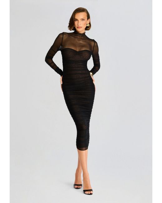 SER.O.YA Black Trina Mesh Ruched Midi Dress