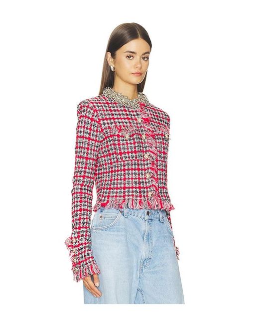 Self-Portrait Red Check Frayed Knit Jacket