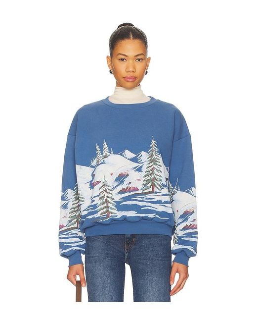 Daydreamer Blue Alpine Ski Scene Oversized Crew Sweatshirt