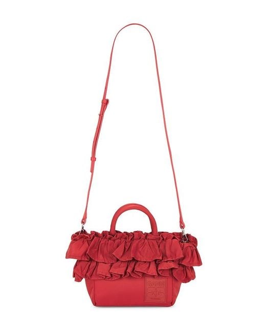 Ganni Red Mini Shopper Ruffle Bag