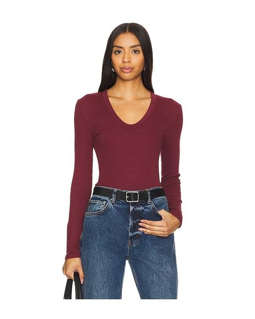 PERFECTWHITETEE Red Luxe Rib Long Sleeve U Neck Top