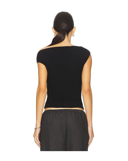 Leset Black Lauren Ruched Asymmetrical Shoulder Top