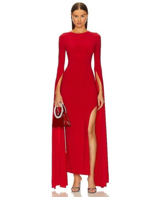 Norma Kamali Red Open Back Ribbon Sleeve Wide Slit Gown