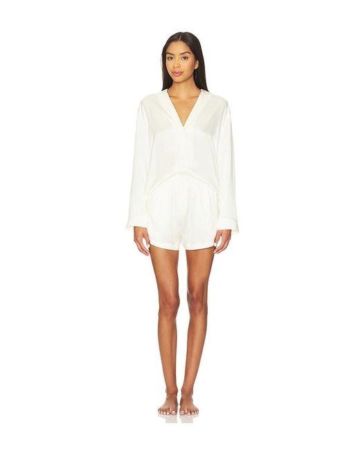 Lunya White Washable Silk Button Up Long Sleeve Short Set