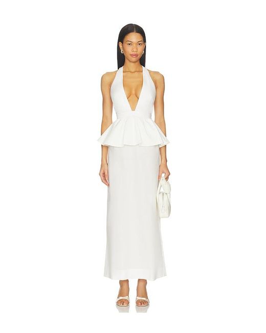 Adriana Degreas White Solid Deep-V Peplum Maxi Dress