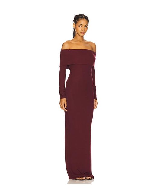 ÉTERNE Red Long Sleeve Off-Shoulder Butter Rib Maxi Dress