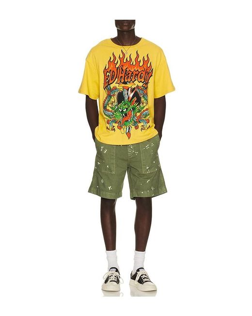 Ed Hardy Yellow Dragons Boxy Rhinestone Tee for men