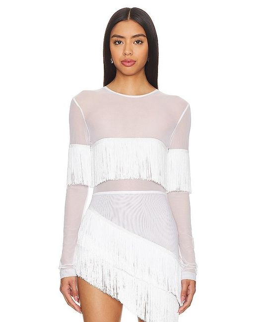 Norma Kamali White Long Sleeve Crewneck Fringe Top