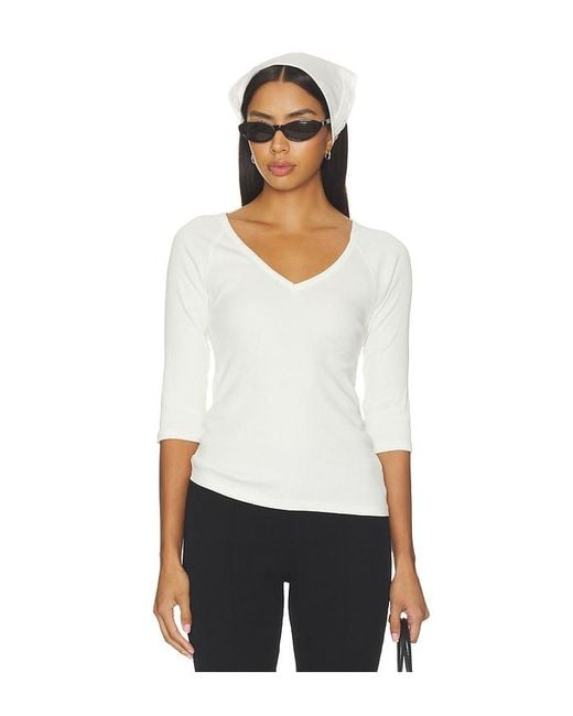 Bobi White Vneck Elbow Sleeved Tee