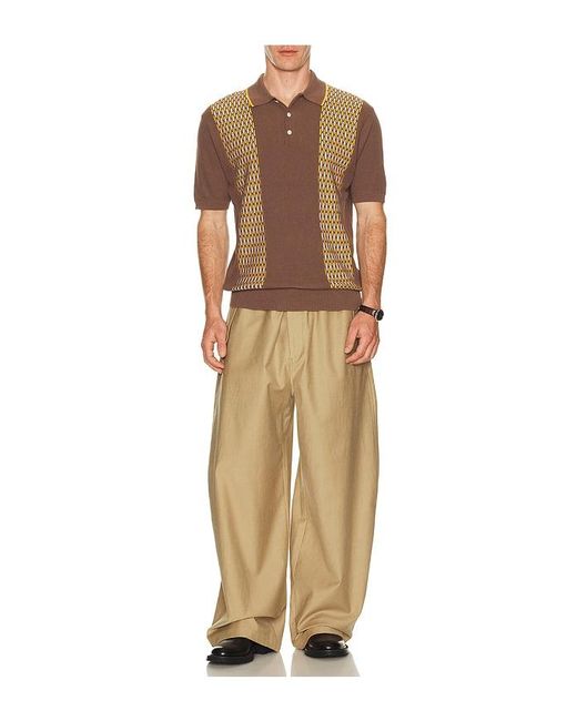 Beams Plus Brown Knit Polo Front Stripe Jacquard for men