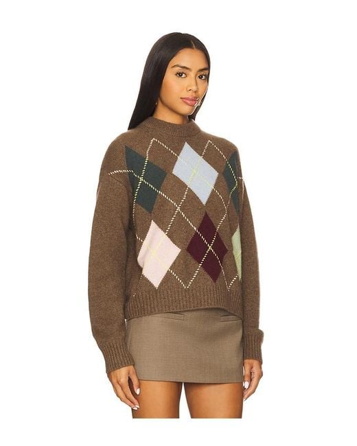 White + Warren Brown Cashmere Argyle Crew Sweater