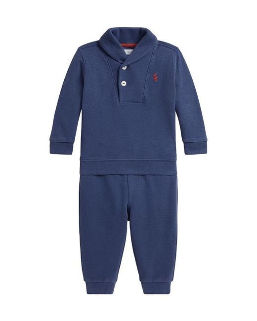 Polo Ralph Lauren Blue Baby Two Piece Set Long Sleeve Estate Rib Knit Funnel Neck Sweatshirt With Jogger