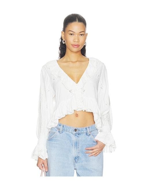 Alice + Olivia White Skye Lace Applique V Neck Ruffle Cropped Blouse