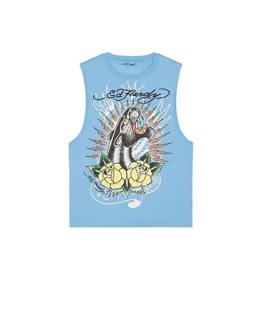 Ed Hardy Blue Panther Roses Cutoff Tee for men