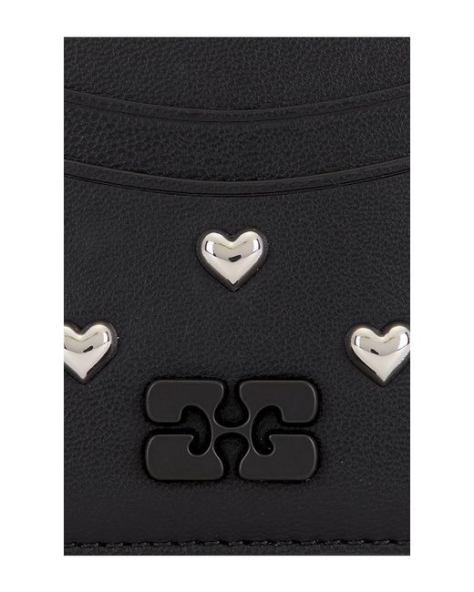 Ganni Black Bou Card Holder Hearts Studs