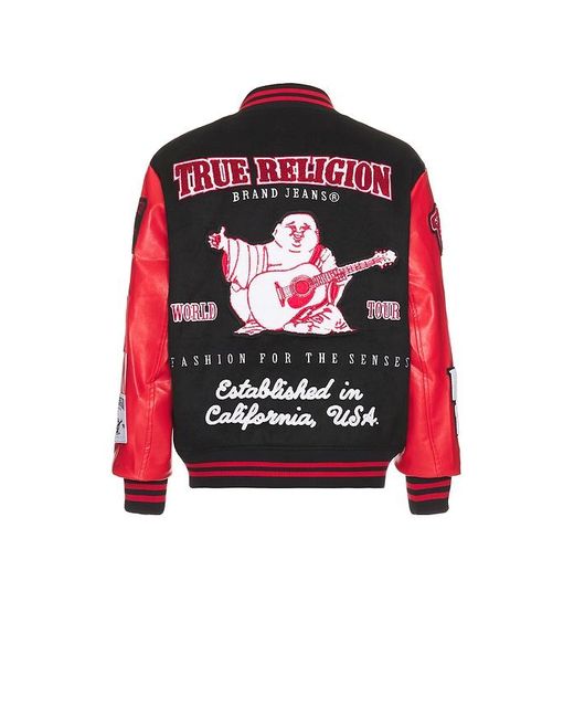 True Religion Red Varsity Melton Faux Leather Bomber Jacket for men
