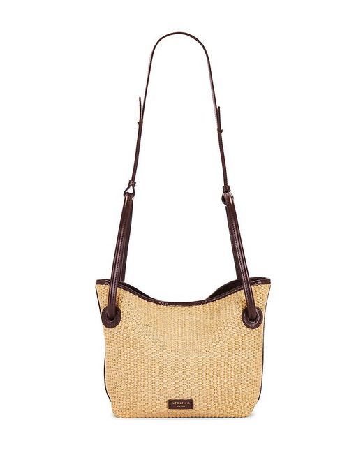 VERAFIED White Leather-Trimmed Raffia Bucket Bag