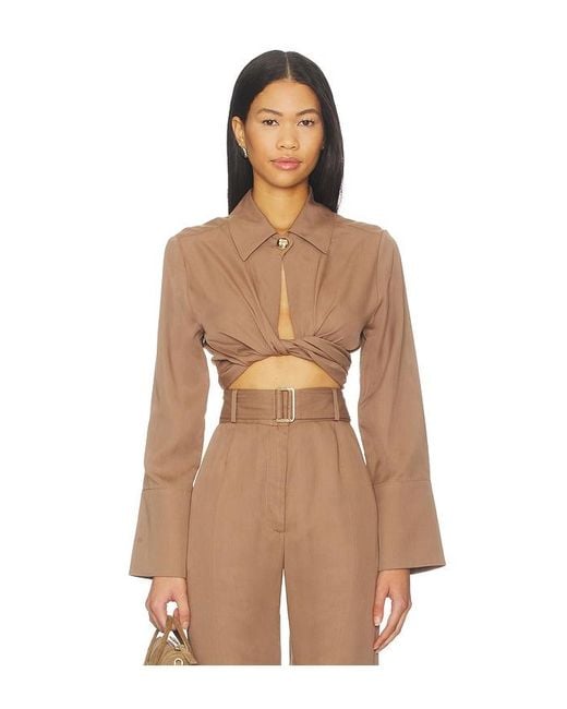 Matthew Bruch Natural Collared Long Sleeve Wrap Top