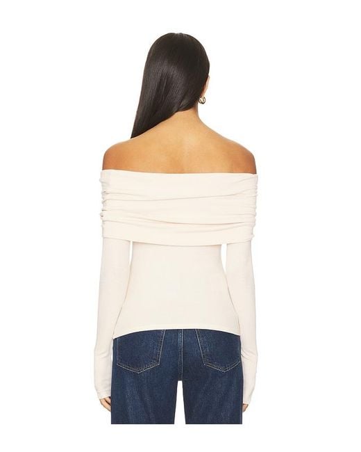 Enza Costa Blue Silk Rib Long Sleeve Off-Shoulder Top