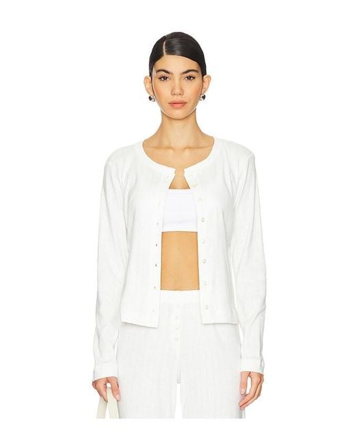 Leset White Pointelle Classic Crew Cardigan