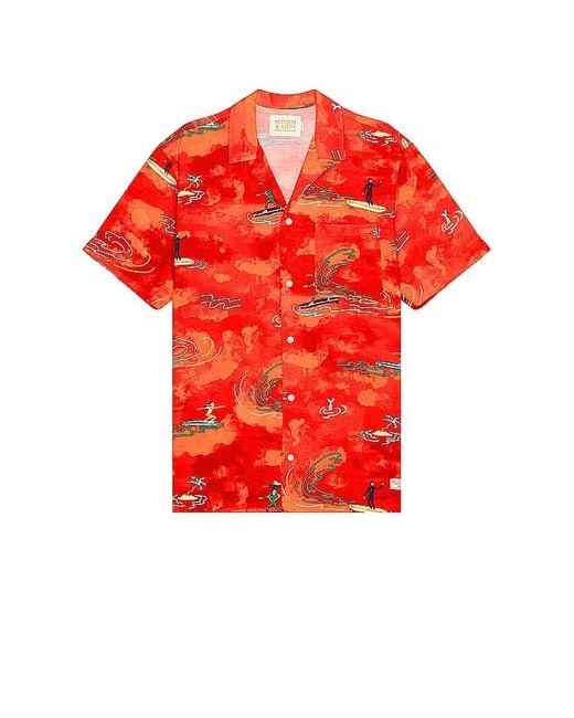 Scotch & Soda Red Allover Printed Viscose Short Sleeve Shirt for men