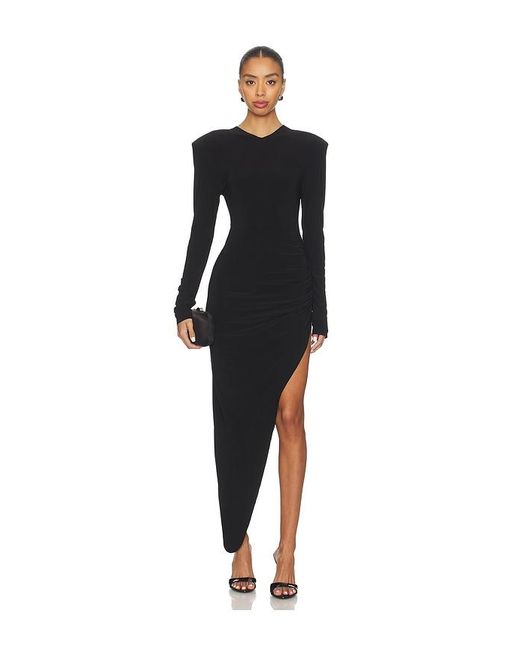 Norma Kamali Black Long Sleeve Shoulder Pad V Neck Side Drape Gown