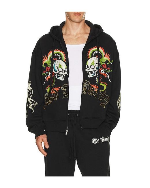 Ed Hardy Black Dragon Skulls Rhinestone Zip Hoodie for men