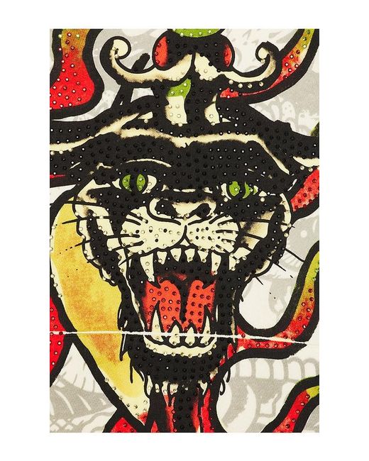 Ed Hardy White Panther Flame Boxy Rhinestone Fleece Hoodie for men