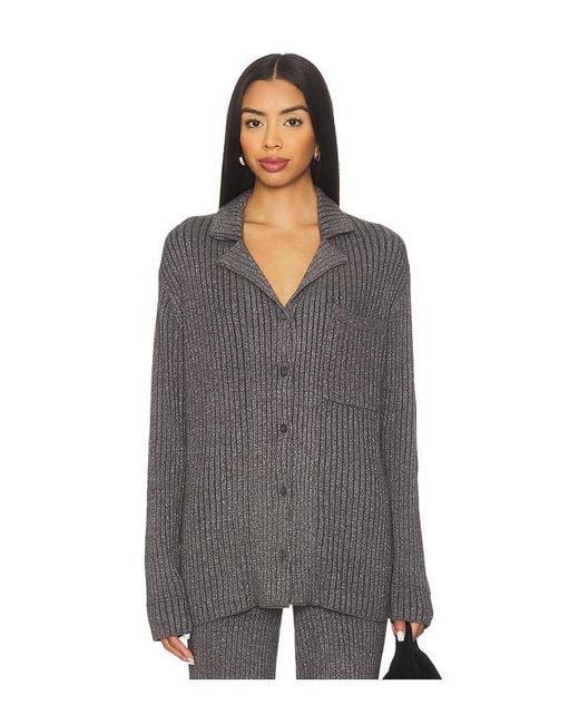 Barefoot Dreams Gray Cozychic Ultra Lite Lurex Rib Button Front Shirt