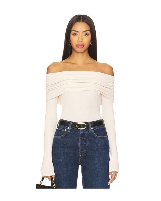 Enza Costa Blue Silk Rib Long Sleeve Off-Shoulder Top
