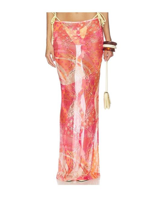 Donde Esteban Red Toronja Salpicon Lace Long Skirt