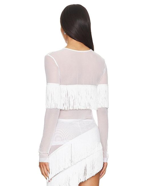 Norma Kamali White Long Sleeve Crewneck Fringe Top
