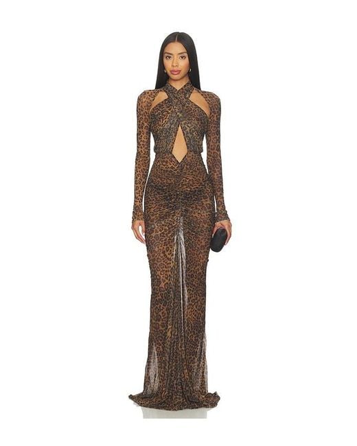 LAPOINTE Natural Printed Mesh Halter Ruched Gown