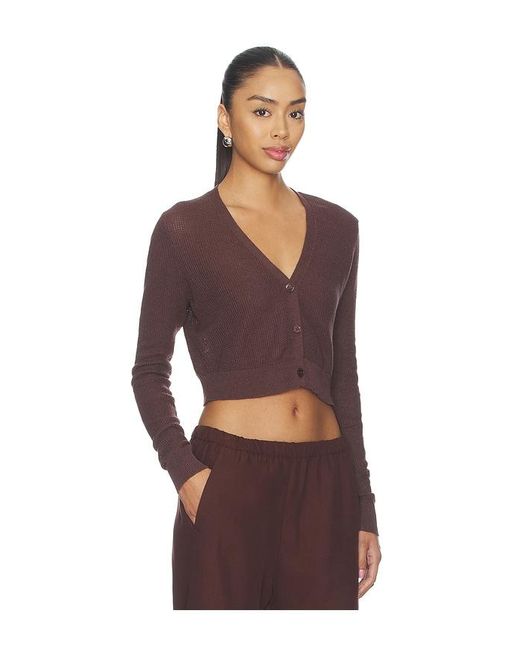 Enza Costa Red Linen Open Knit Cropped V-Neck Cardigan