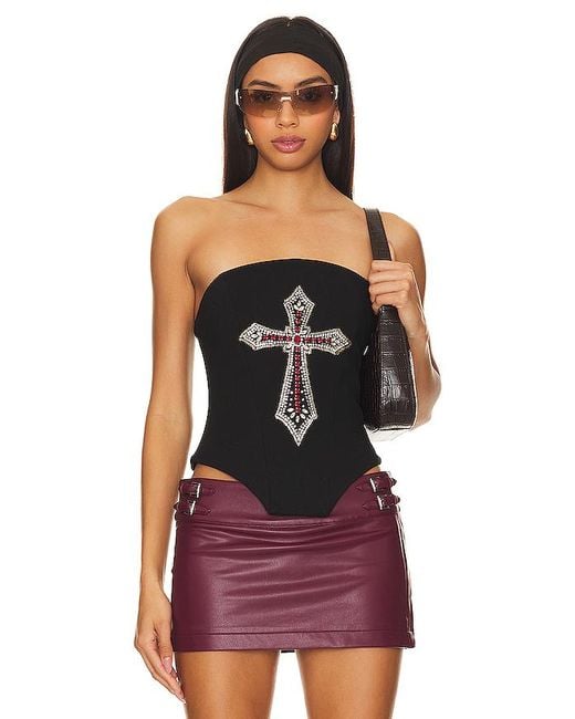 LOBA Black Embellished Cross Corset Top