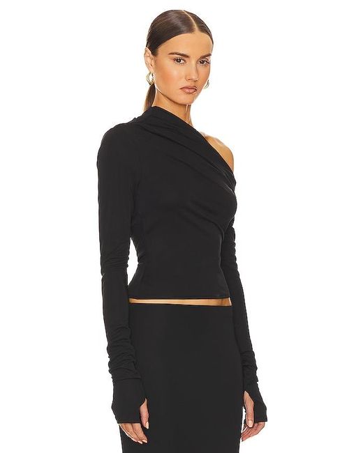 Helsa Black Matte Jersey Drape Shoulder Top