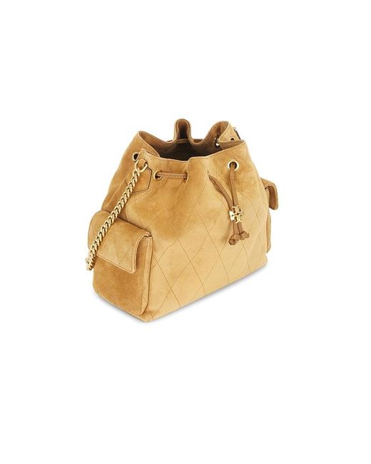 Tory Burch Metallic Charlie Quilted Suede Drawstring Shoulder Bag