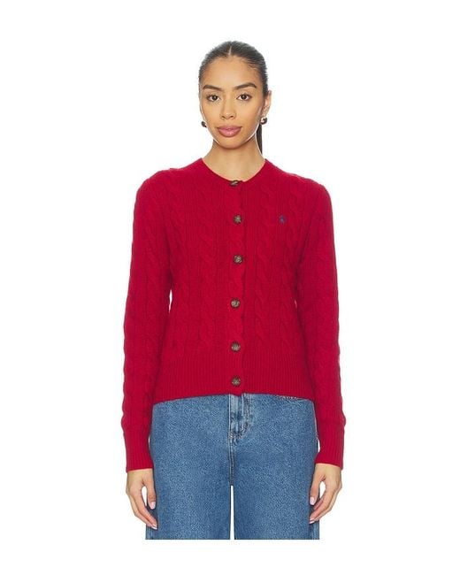 Polo Ralph Lauren Red Cable Knit Wool Cashmere Cardigan
