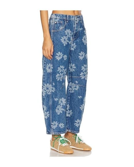 Free People Blue X We The Free Good Luck Printed Barrel Jean