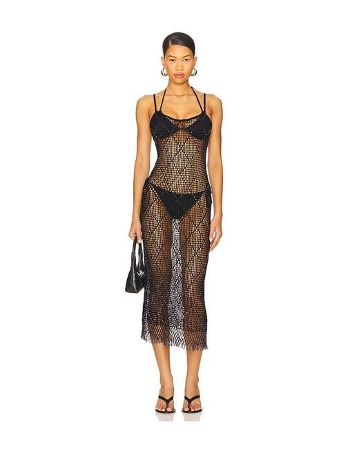 Lovers + Friends Black Katja Beaded Crochet Midi Dress