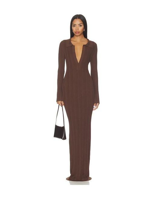 AEXAE Brown Knitted Collar Maxi Dress