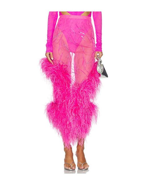LAPOINTE Pink Feather Embroidery Skirt