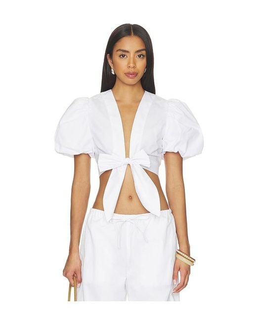Susana Monaco White Poplin Bubble Sleeve Tie Front Top
