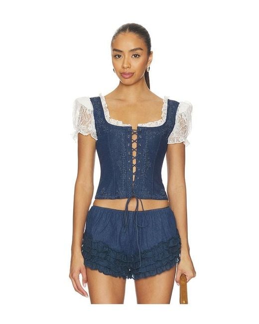 For Love & Lemons Blue Yasmin Lace Up Top