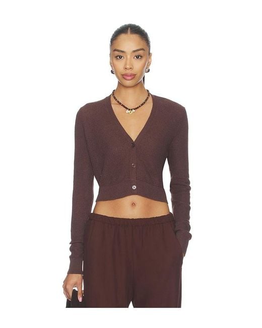 Enza Costa Red Linen Open Knit Cropped V-Neck Cardigan