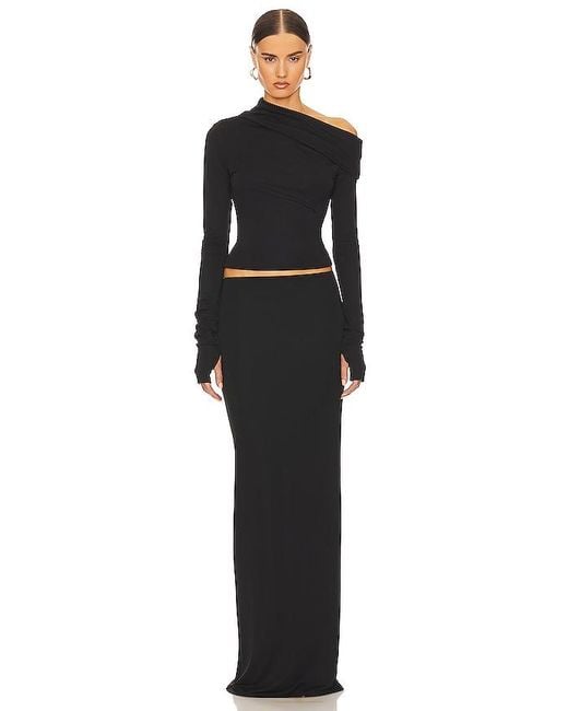 Helsa Black Matte Jersey Drape Shoulder Top